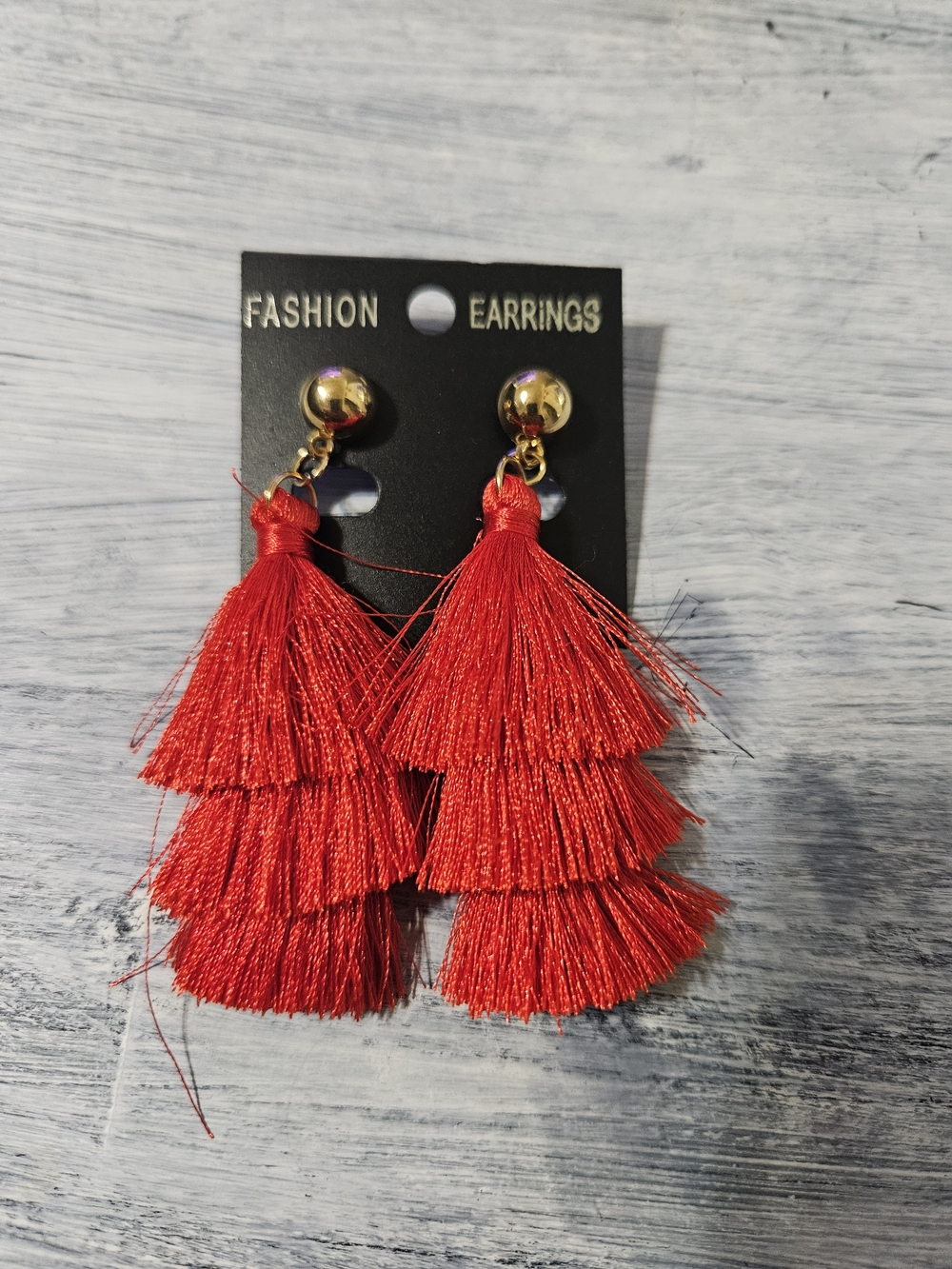 Source Unknown Red Tiered Tassel Drop Earrings with Gold Studs